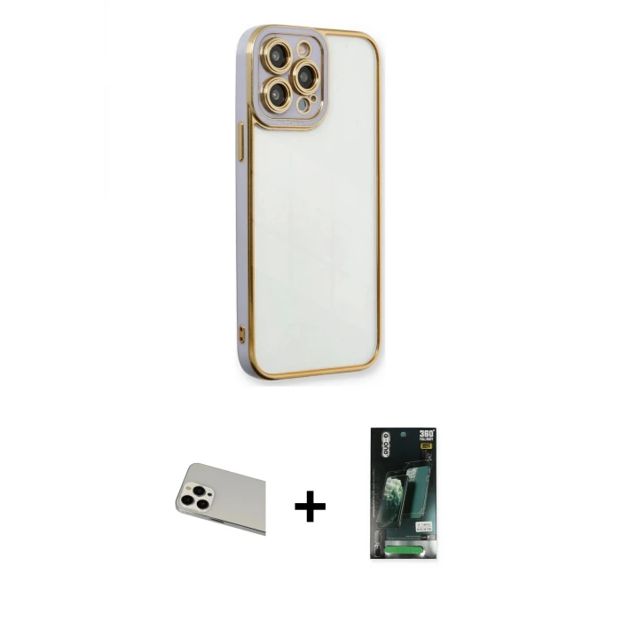 ieg™ iPhone 13 Pro Max Kılıf Çekirdek Klasik Serisi - Şeffaf 360 Full Body Arka Koruyucu + Rainbow Kamera Lens Koruma Cam - BZ
