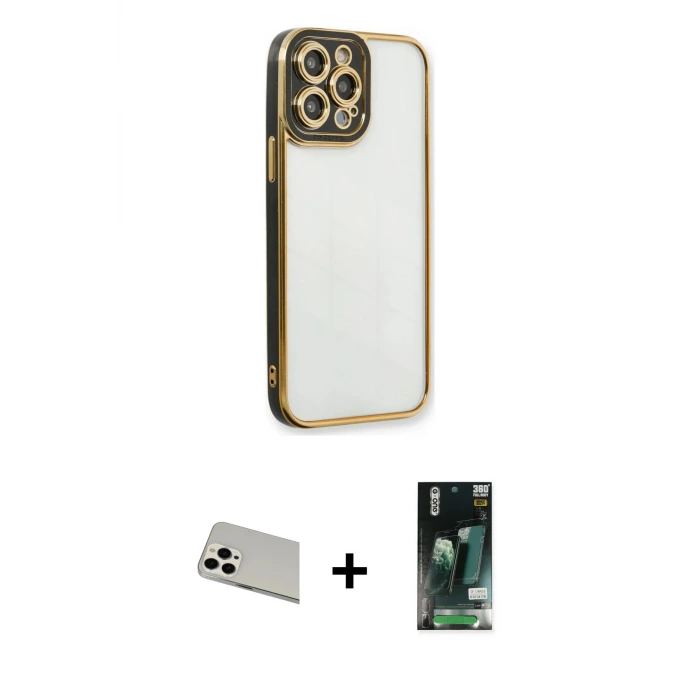 ieg™ iPhone 13 Pro Max Kılıf Çekirdek Klasik Serisi - Şeffaf 360 Full Body Arka Koruyucu + Rainbow Kamera Lens Koruma Cam - BZ