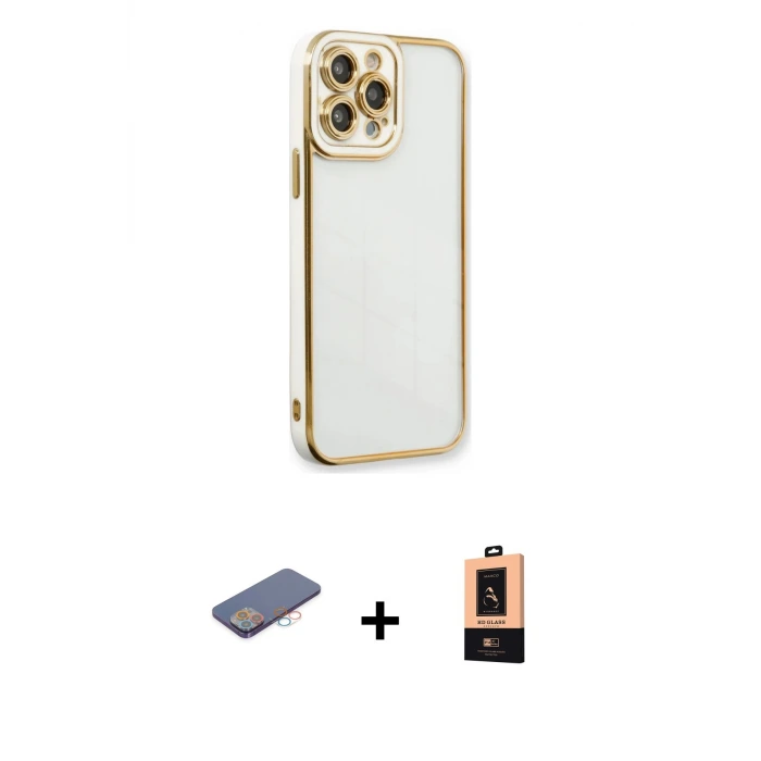 ieg™ iPhone 13 Pro Max Kılıf Çekirdek Klasik Serisi - Şeffaf Maxco Cam Ekran Koruyucu + Renkli Kamera Lens Koruma Cam - PE