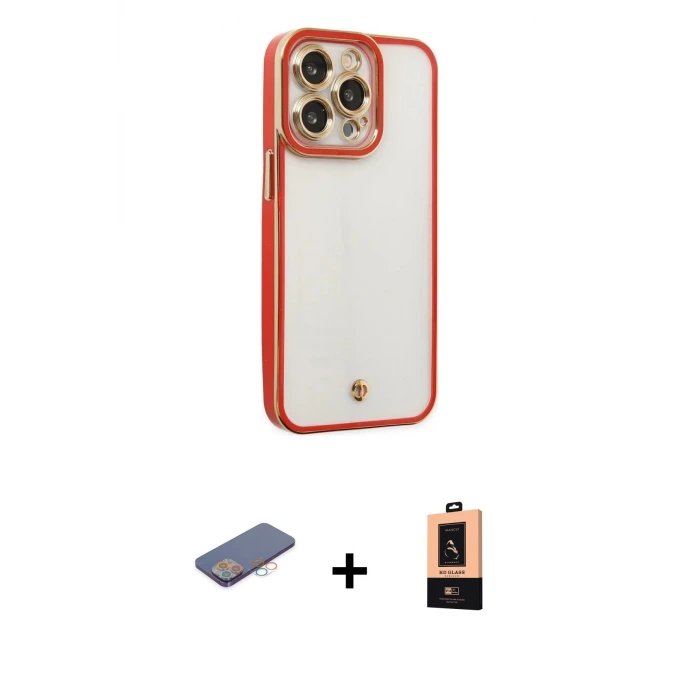 ieg™ iPhone 13 Pro Max Kılıf Çekirdek Klasik Serisi - Şeffaf Maxco Cam Ekran Koruyucu + Renkli Kamera Lens Koruma Cam - PE