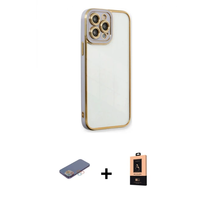 ieg™ iPhone 13 Pro Max Kılıf Çekirdek Klasik Serisi - Şeffaf Maxco Cam Ekran Koruyucu + Renkli Kamera Lens Koruma Cam - PE