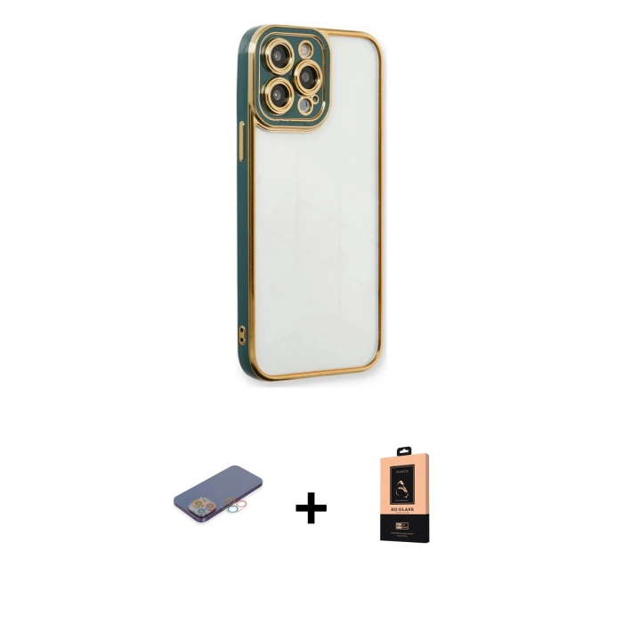 ieg™ iPhone 13 Pro Max Kılıf Çekirdek Klasik Serisi - Şeffaf Maxco Cam Ekran Koruyucu + Renkli Kamera Lens Koruma Cam - PE