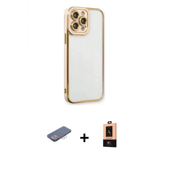 ieg™ iPhone 13 Pro Max Kılıf Çekirdek Klasik Serisi - Şeffaf Maxco Cam Ekran Koruyucu + Renkli Kamera Lens Koruma Cam - PE