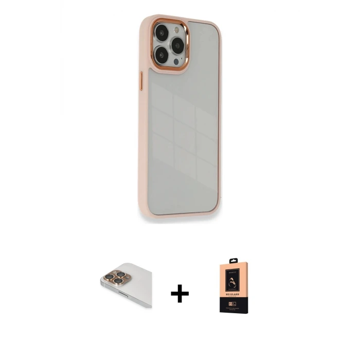 ieg™ iPhone 13 Pro Max Kılıf Eksen Doku Prime - Şeffaf Maxco Cam Ekran Koruyucu + Pers Alüminyum Kamera Lens - GD
