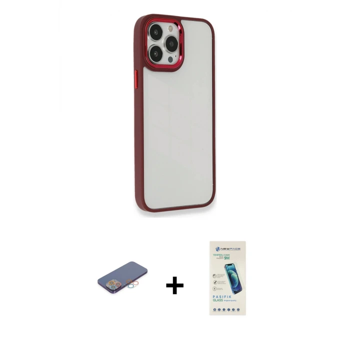 ieg™ iPhone 13 Pro Max Kılıf Eksen Doku Prime - Şeffaf Pasifik Cam Ekran Koruyucu + Renkli Kamera Lens Koruma Cam - PE