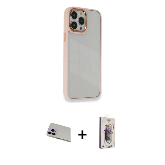 ieg™ iPhone 13 Pro Max Kılıf Eksen Doku Prime - Siyah Bilvis 3D Cam Ekran Koruyucu + Rainbow Kamera Lens Koruma Cam - MR