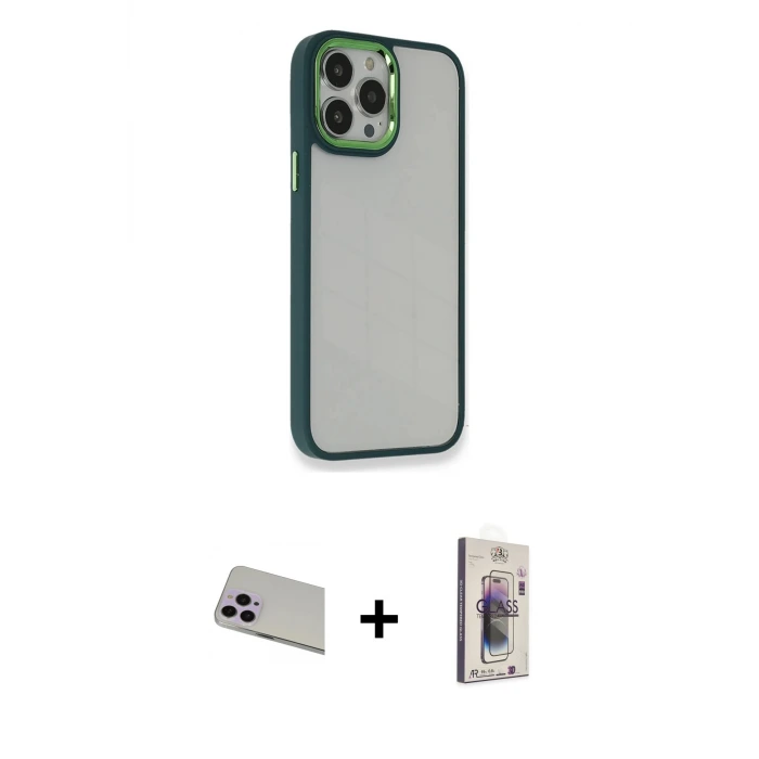 ieg™ iPhone 13 Pro Max Kılıf Eksen Doku Prime - Siyah Bilvis 3D Cam Ekran Koruyucu + Rainbow Kamera Lens Koruma Cam - MR