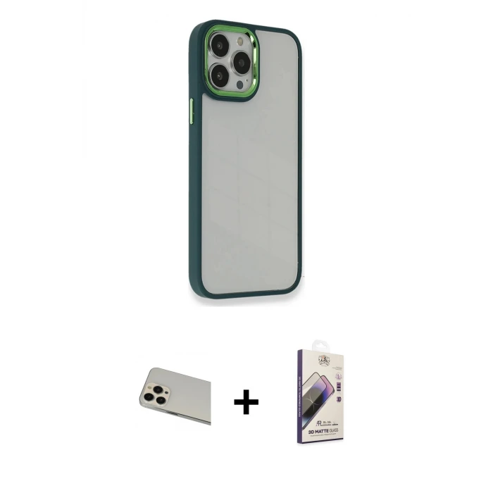 ieg™ iPhone 13 Pro Max Kılıf Eksen Doku Prime - Siyah Bilvis 3D Mat Cam Ekran Koruyucu + Rainbow Kamera Lens Koruma Cam - REGD