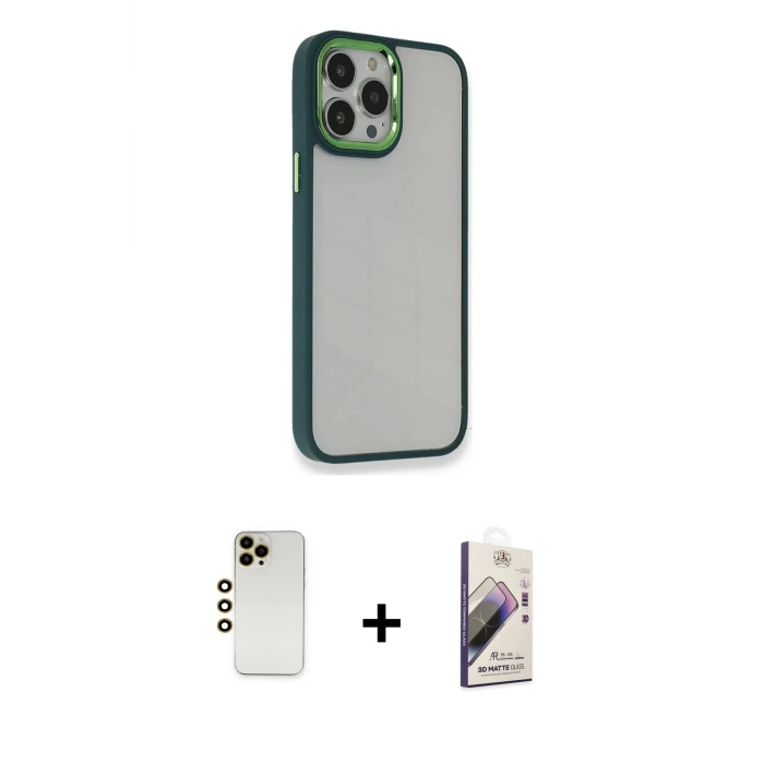 ieg™ iPhone 13 Pro Max Kılıf Eksen Doku Prime - Siyah Bilvis 3D Mat Cam Ekran Koruyucu + Shine Kamera Lens - GD