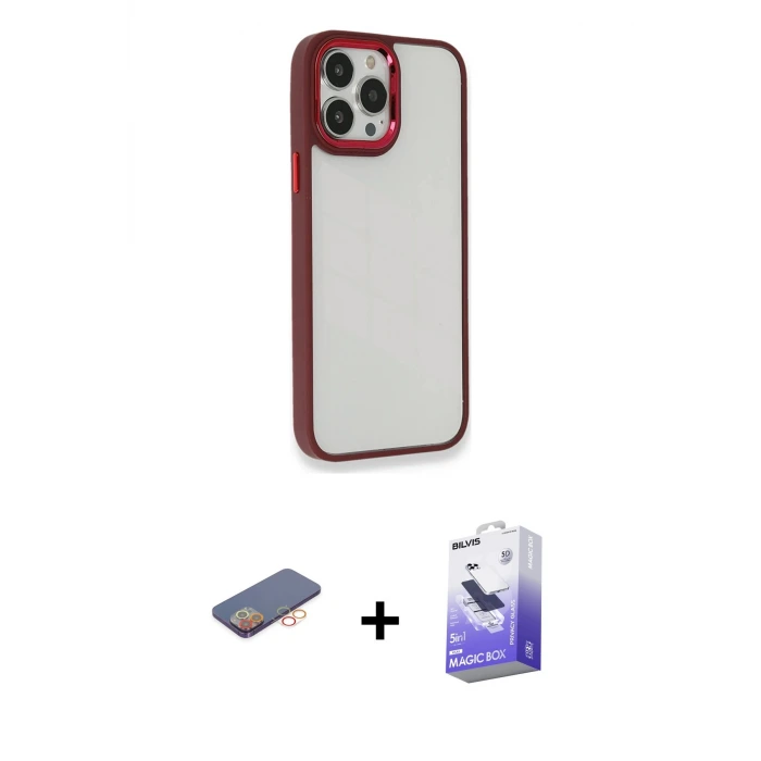 ieg™ iPhone 13 Pro Max Kılıf Eksen Doku Prime - Siyah Bilvis 5in1 5D Magic Hayalet Cam Ekran Koruyucu + Renkli Kamera Lens Koruma Cam - TU