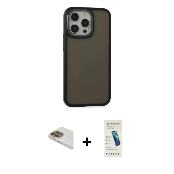 ieg™ iPhone 13 Pro Max Kılıf Eksen Işık - Şeffaf Pasifik Cam Ekran Koruyucu + Pers Alüminyum Kamera Lens - GD