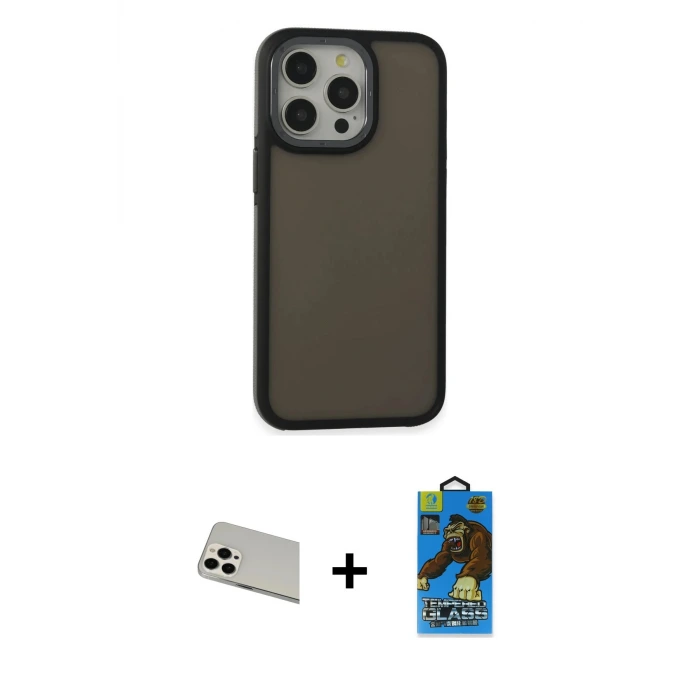 ieg™ iPhone 13 Pro Max Kılıf Eksen Işık - Siyah 18D Cam Ekran Koruyucu + Rainbow Kamera Lens Koruma Cam - BZ