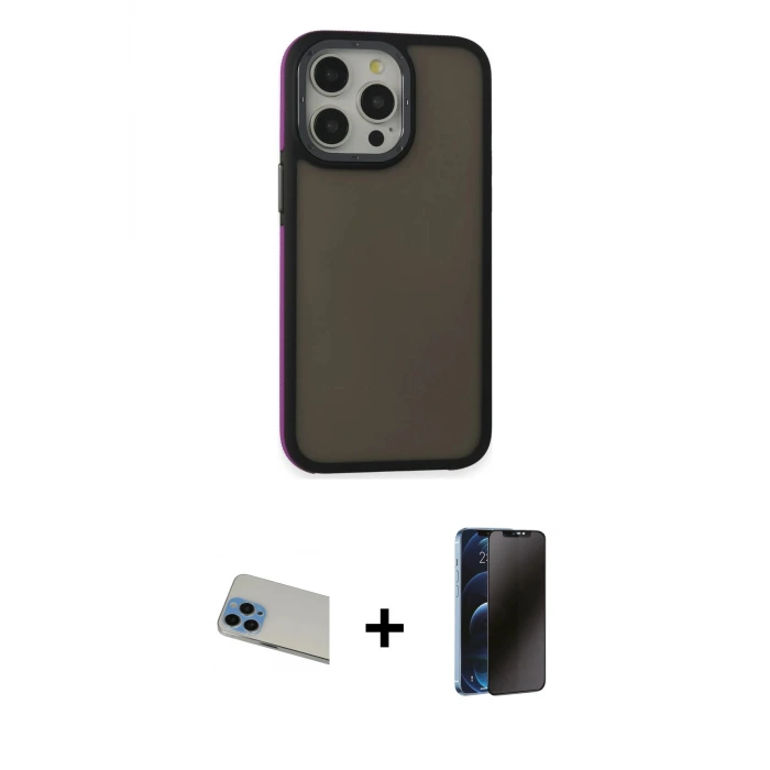 ieg™ iPhone 13 Pro Max Kılıf Eksen Işık - Siyah 3D Antistatik Hayalet Cam Ekran Koruyucu + Rainbow Kamera Lens Koruma Cam - MI