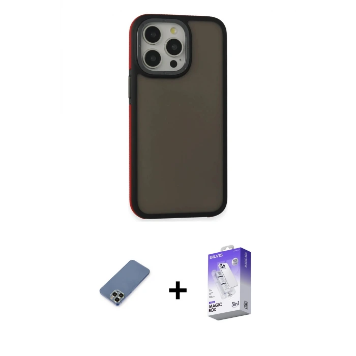 ieg™ iPhone 13 Pro Max Kılıf Eksen Işık - Siyah Bilvis 5in1 3D Magic Cam Ekran Koruyucu + Metal Kamera Lens Koruma Cam - AKYL