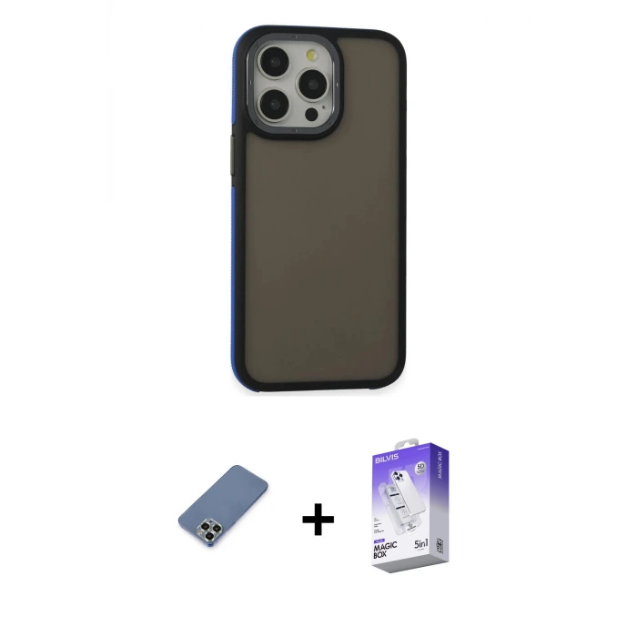 ieg™ iPhone 13 Pro Max Kılıf Eksen Işık - Siyah Bilvis 5in1 3D Magic Cam Ekran Koruyucu + Metal Kamera Lens Koruma Cam - AKYL