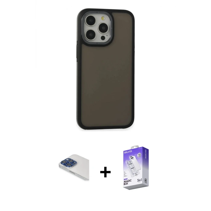 ieg™ iPhone 13 Pro Max Kılıf Eksen Işık - Siyah Bilvis 5in1 3D Magic Cam Ekran Koruyucu + Pers Alüminyum Kamera Lens - LT