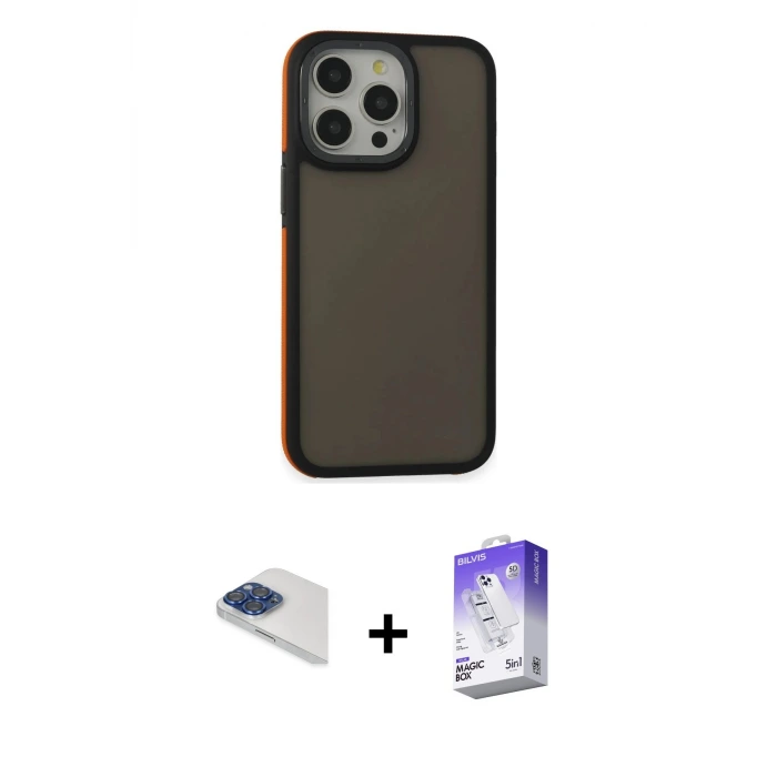 ieg™ iPhone 13 Pro Max Kılıf Eksen Işık - Siyah Bilvis 5in1 3D Magic Cam Ekran Koruyucu + Pers Alüminyum Kamera Lens - LT
