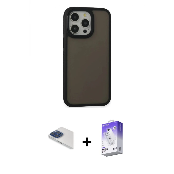 ieg™ iPhone 13 Pro Max Kılıf Eksen Işık - Siyah Bilvis 5in1 3D Magic Cam Ekran Koruyucu + Pers Alüminyum Kamera Lens - LT