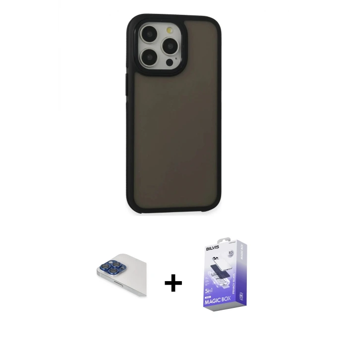 ieg™ iPhone 13 Pro Max Kılıf Eksen Işık - Siyah Bilvis 5in1 5D Magic Hayalet Cam Ekran Koruyucu + Pers Alüminyum Kamera Lens - LT