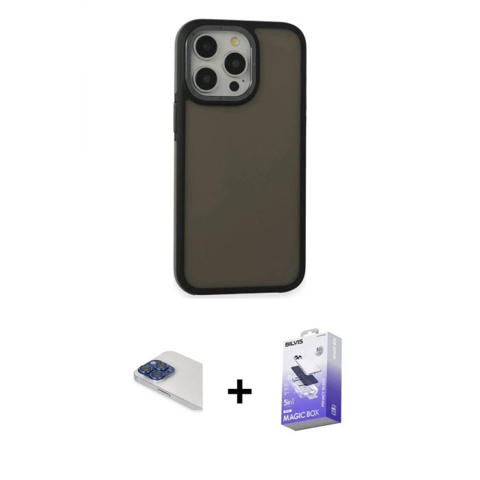 ieg™ iPhone 13 Pro Max Kılıf Eksen Işık - Siyah Bilvis 5in1 5D Magic Hayalet Cam Ekran Koruyucu + Pers Alüminyum Kamera Lens - LT