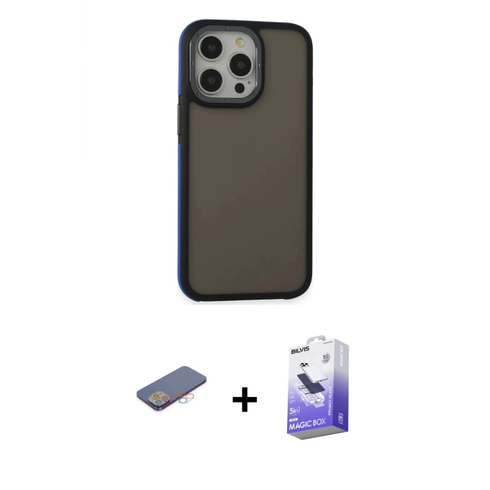 ieg™ iPhone 13 Pro Max Kılıf Eksen Işık - Siyah Bilvis 5in1 5D Magic Hayalet Cam Ekran Koruyucu + Renkli Kamera Lens Koruma Cam - PE