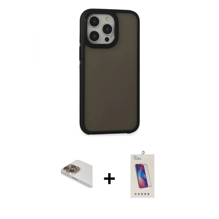 ieg™ iPhone 13 Pro Max Kılıf Eksen Işık - Siyah Joko 5D Cam + Pers Alüminyum Kamera Lens - GD
