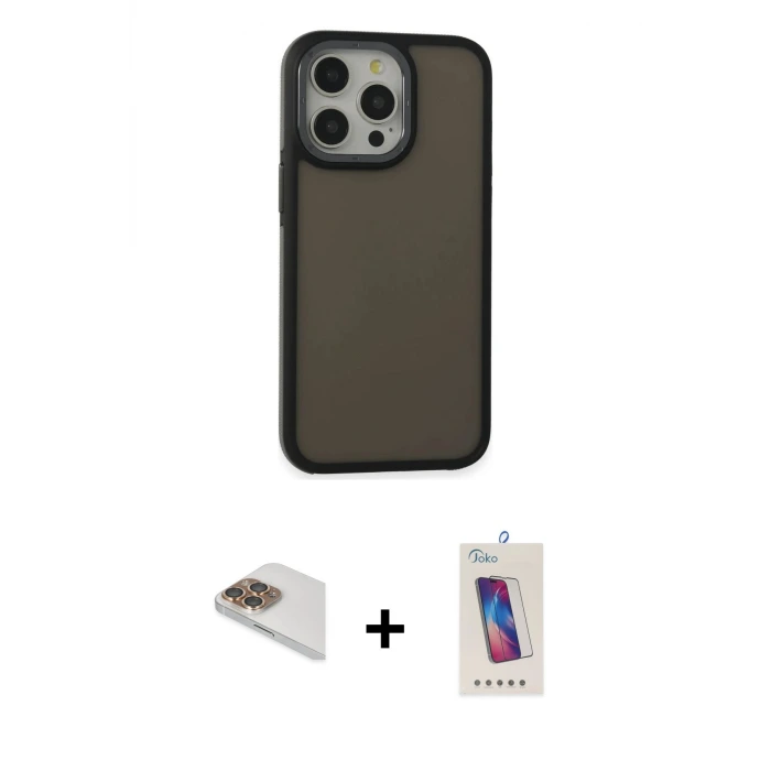 ieg™ iPhone 13 Pro Max Kılıf Eksen Işık - Siyah Joko 5D Cam + Pers Alüminyum Kamera Lens - GD