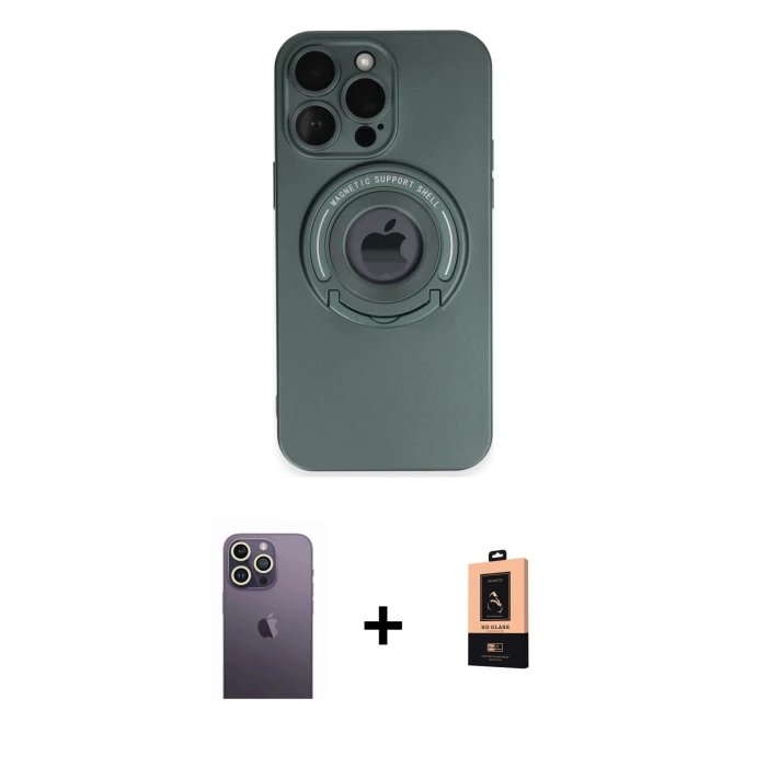 ieg™ iPhone 13 Pro Max Kılıf Eksen Klasik Prime - Şeffaf Maxco Cam Ekran Koruyucu + Neon Fosforlu Kamera Lens - BZ