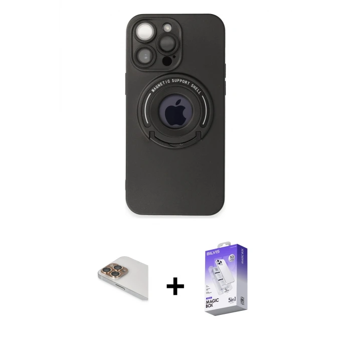 ieg™ iPhone 13 Pro Max Kılıf Eksen Klasik Prime - Siyah Bilvis 5in1 3D Magic Cam Ekran Koruyucu + Pers Alüminyum Kamera Lens - GD