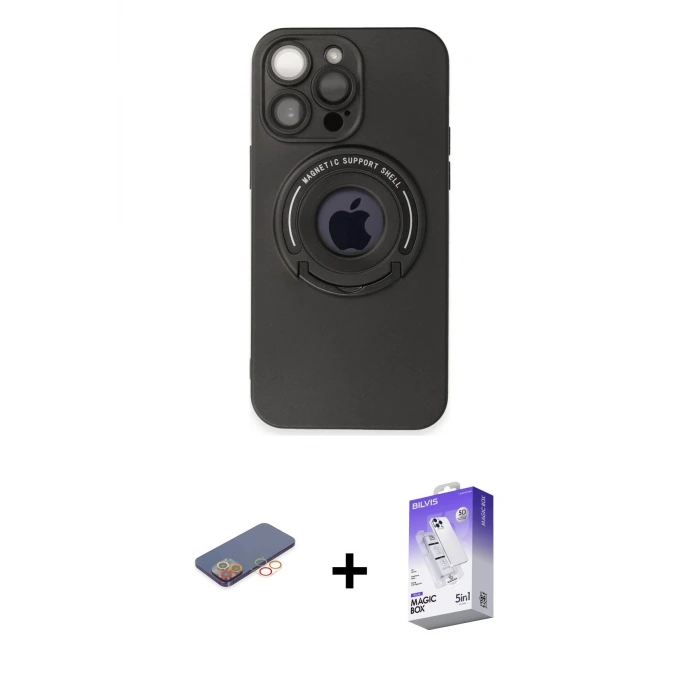 ieg™ iPhone 13 Pro Max Kılıf Eksen Klasik Prime - Siyah Bilvis 5in1 3D Magic Cam Ekran Koruyucu + Renkli Kamera Lens Koruma Cam - TU