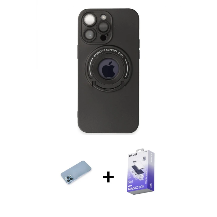ieg™ iPhone 13 Pro Max Kılıf Eksen Klasik Prime - Siyah Bilvis 5in1 5D Magic Hayalet Cam Ekran Koruyucu + Shine Kamera Lens Koruma Cam - MI