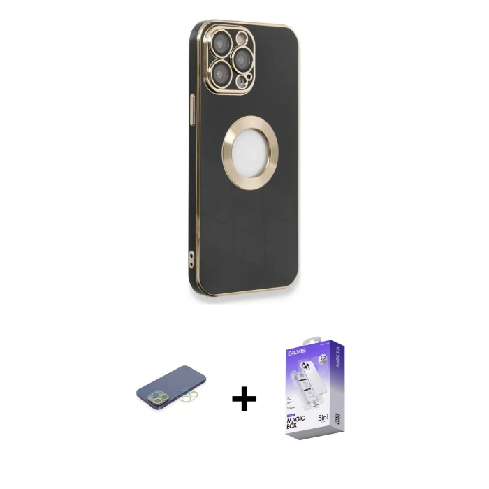 ieg™ iPhone 13 Pro Max Kılıf İz Form Serisi - Siyah Bilvis 5in1 3D Magic Cam Ekran Koruyucu + Renkli Kamera Lens Koruma Cam - YL