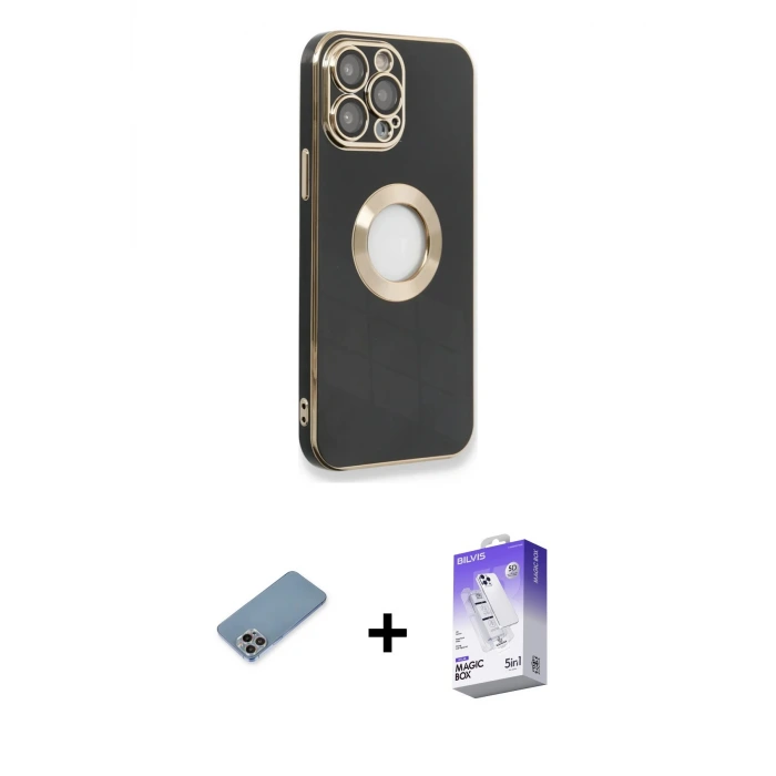 ieg™ iPhone 13 Pro Max Kılıf İz Form Serisi - Siyah Bilvis 5in1 3D Magic Cam Ekran Koruyucu + Shine Kamera Lens Koruma Cam - GI