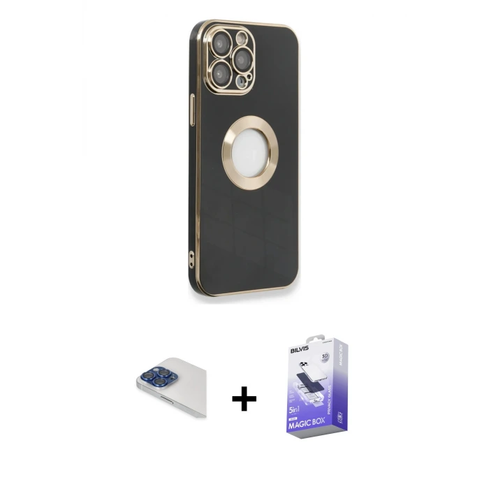 ieg™ iPhone 13 Pro Max Kılıf İz Form Serisi - Siyah Bilvis 5in1 5D Magic Hayalet Cam Ekran Koruyucu + Pers Alüminyum Kamera Lens - LT