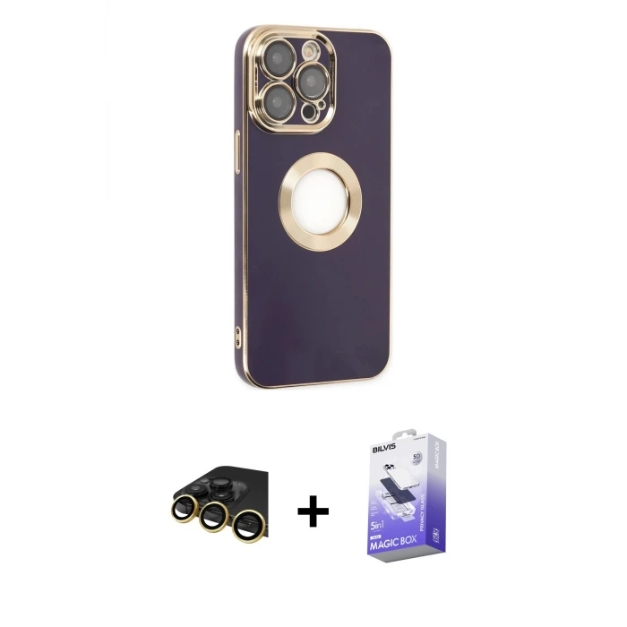 ieg™ iPhone 13 Pro Max Kılıf İz Form Serisi - Siyah Bilvis 5in1 5D Magic Hayalet Cam Ekran Koruyucu + Raze Metal Kamera Lens - GD