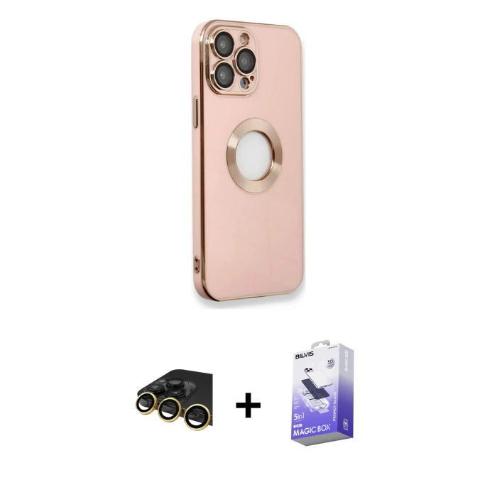 ieg™ iPhone 13 Pro Max Kılıf İz Form Serisi - Siyah Bilvis 5in1 5D Magic Hayalet Cam Ekran Koruyucu + Raze Metal Kamera Lens - GD