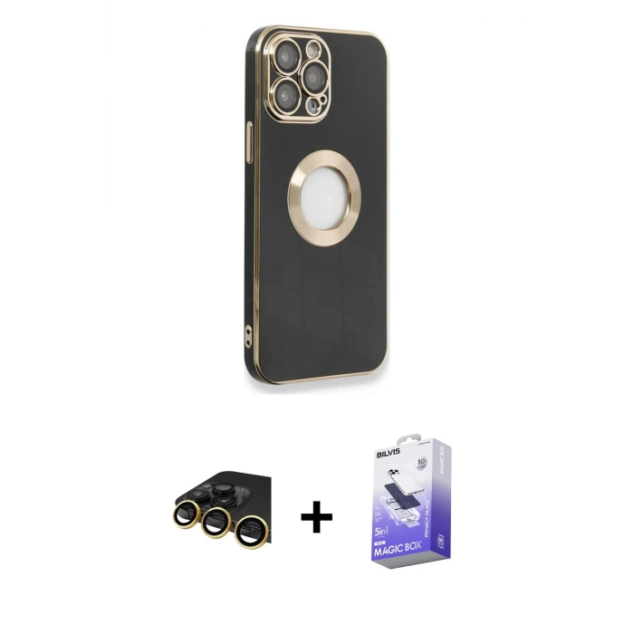 ieg™ iPhone 13 Pro Max Kılıf İz Form Serisi - Siyah Bilvis 5in1 5D Magic Hayalet Cam Ekran Koruyucu + Raze Metal Kamera Lens - GD
