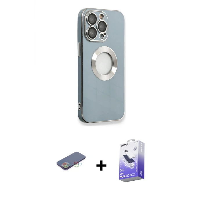 ieg™ iPhone 13 Pro Max Kılıf İz Form Serisi - Siyah Bilvis 5in1 5D Magic Hayalet Cam Ekran Koruyucu + Renkli Kamera Lens Koruma Cam - MI
