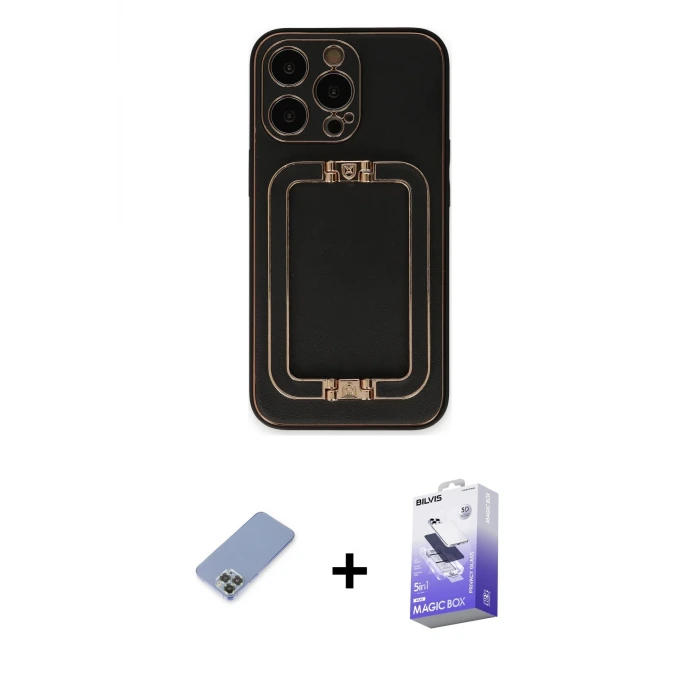 ieg™ iPhone 13 Pro Max Kılıf Kozmos Minimal Prime - Siyah Bilvis 5in1 5D Magic Hayalet Cam Ekran Koruyucu + Metal Kamera Lens Koruma Cam - KUYL