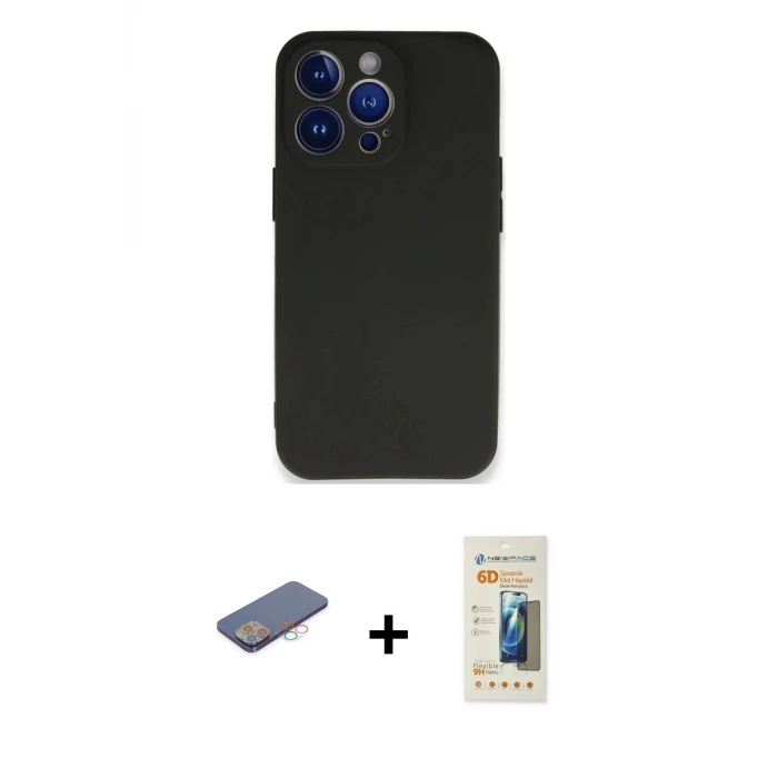 ieg™ iPhone 13 Pro Max Kılıf Kozmos Yansıma Özel Seri - Siyah 6D Mat Seramik Hayalet Nano Ekran Koruyucu + Renkli Kamera Lens Koruma Cam - PE