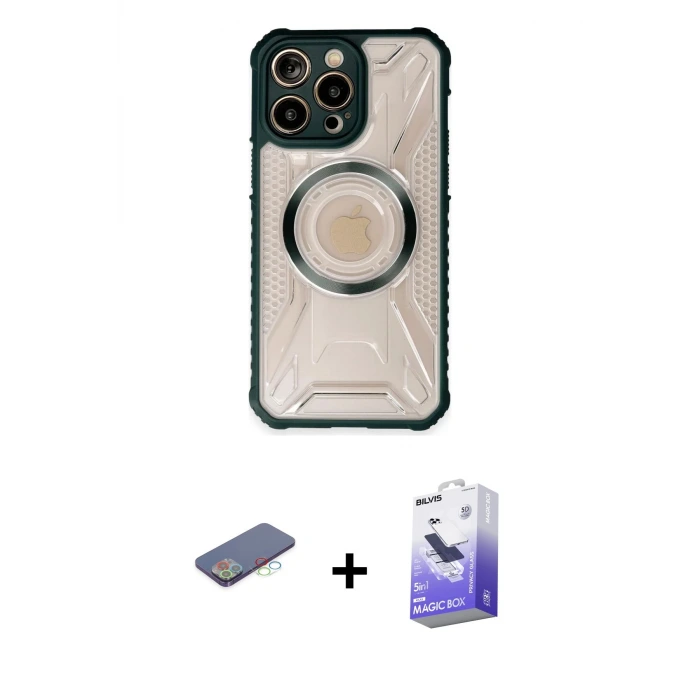 ieg™ iPhone 13 Pro Max Kılıf Kutup Modern - Siyah Bilvis 5in1 5D Magic Hayalet Cam Ekran Koruyucu + Renkli Kamera Lens Koruma Cam - MI