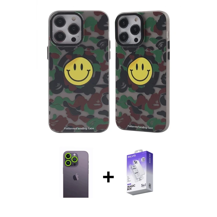 ieg™ iPhone 13 Pro Max Kılıf Nova Doku Koleksiyonu - Siyah Bilvis 5in1 3D Magic Cam Ekran Koruyucu + Neon Fosforlu Kamera Lens - YL