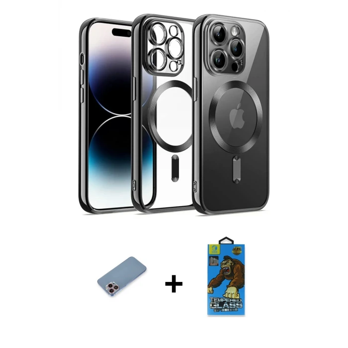 ieg™ iPhone 13 Pro Max Kılıf Nova Işık Özel Seri - Siyah 18D Cam Ekran Koruyucu + Shine Kamera Lens Koruma Cam - PE