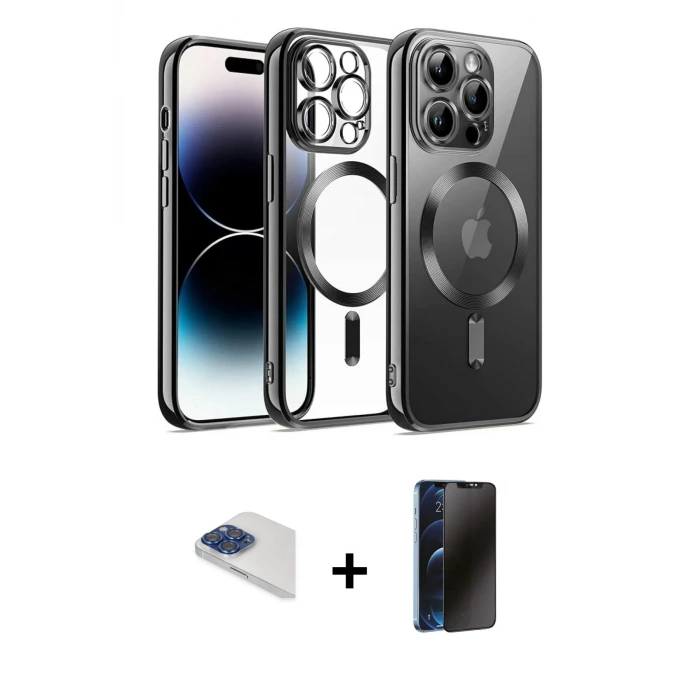 ieg™ iPhone 13 Pro Max Kılıf Nova Işık Özel Seri - Siyah 3D Antistatik Hayalet Cam Ekran Koruyucu + Pers Alüminyum Kamera Lens - LT