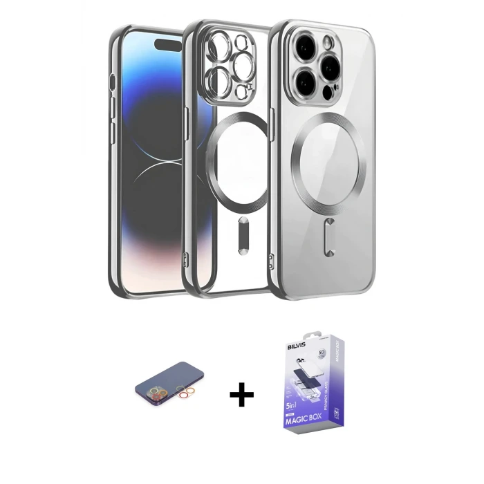ieg™ iPhone 13 Pro Max Kılıf Nova Işık Özel Seri - Siyah Bilvis 5in1 5D Magic Hayalet Cam Ekran Koruyucu + Renkli Kamera Lens Koruma Cam - TU