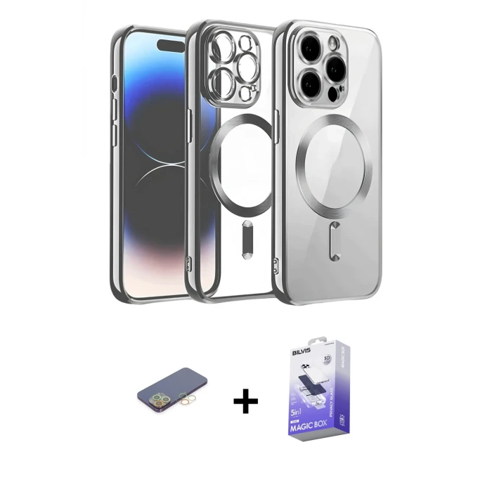 ieg™ iPhone 13 Pro Max Kılıf Nova Işık Özel Seri - Siyah Bilvis 5in1 5D Magic Hayalet Cam Ekran Koruyucu + Renkli Kamera Lens Koruma Cam - SI
