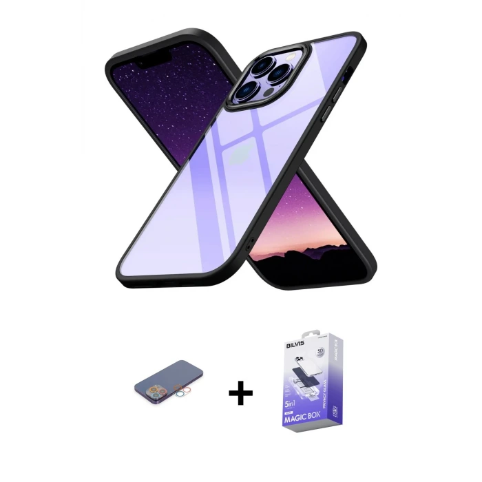 ieg™ iPhone 13 Pro Max Kılıf Nova Işık Serisi - Siyah Bilvis 5in1 5D Magic Hayalet Cam Ekran Koruyucu + Renkli Kamera Lens Koruma Cam - PE