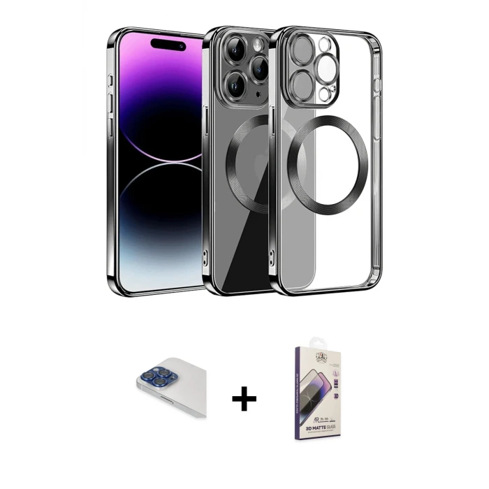 ieg™ iPhone 13 Pro Max Kılıf Pusula Form - Siyah Bilvis 3D Mat Cam Ekran Koruyucu + Pers Alüminyum Kamera Lens - LT