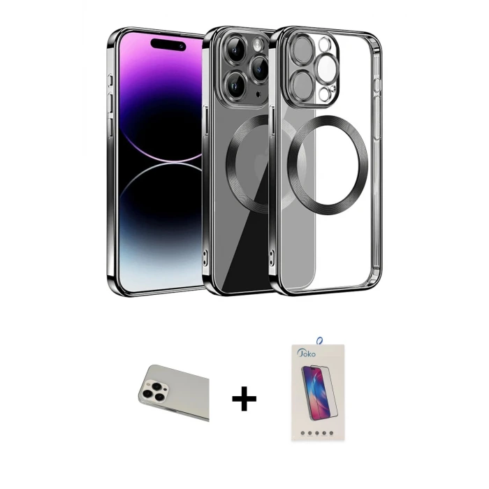 ieg™ iPhone 13 Pro Max Kılıf Pusula Form - Siyah Joko 5D Cam + Rainbow Kamera Lens Koruma Cam - BZ