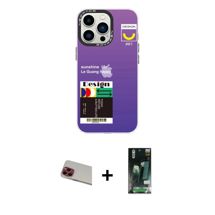 ieg™ iPhone 13 Pro Max Kılıf Siluet Çizgi Koleksiyonu - Şeffaf 360 Full Body Arka Koruyucu + Rainbow Kamera Lens Koruma Cam - KI